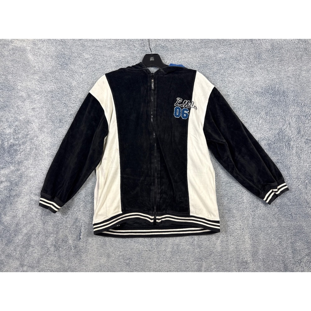P. Miller Boys M 12/14 Black Velour Zip Up Hoodie Colorblock Embroidered Y2K